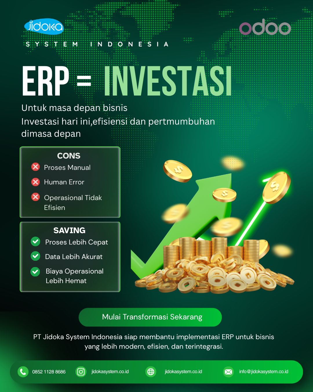 Infografis ERP bukan biaya melainkan investasi untuk meningkatkan efisiensi, akurasi data, dan pertumbuhan bisnis dengan Odoo ERP Indonesia.