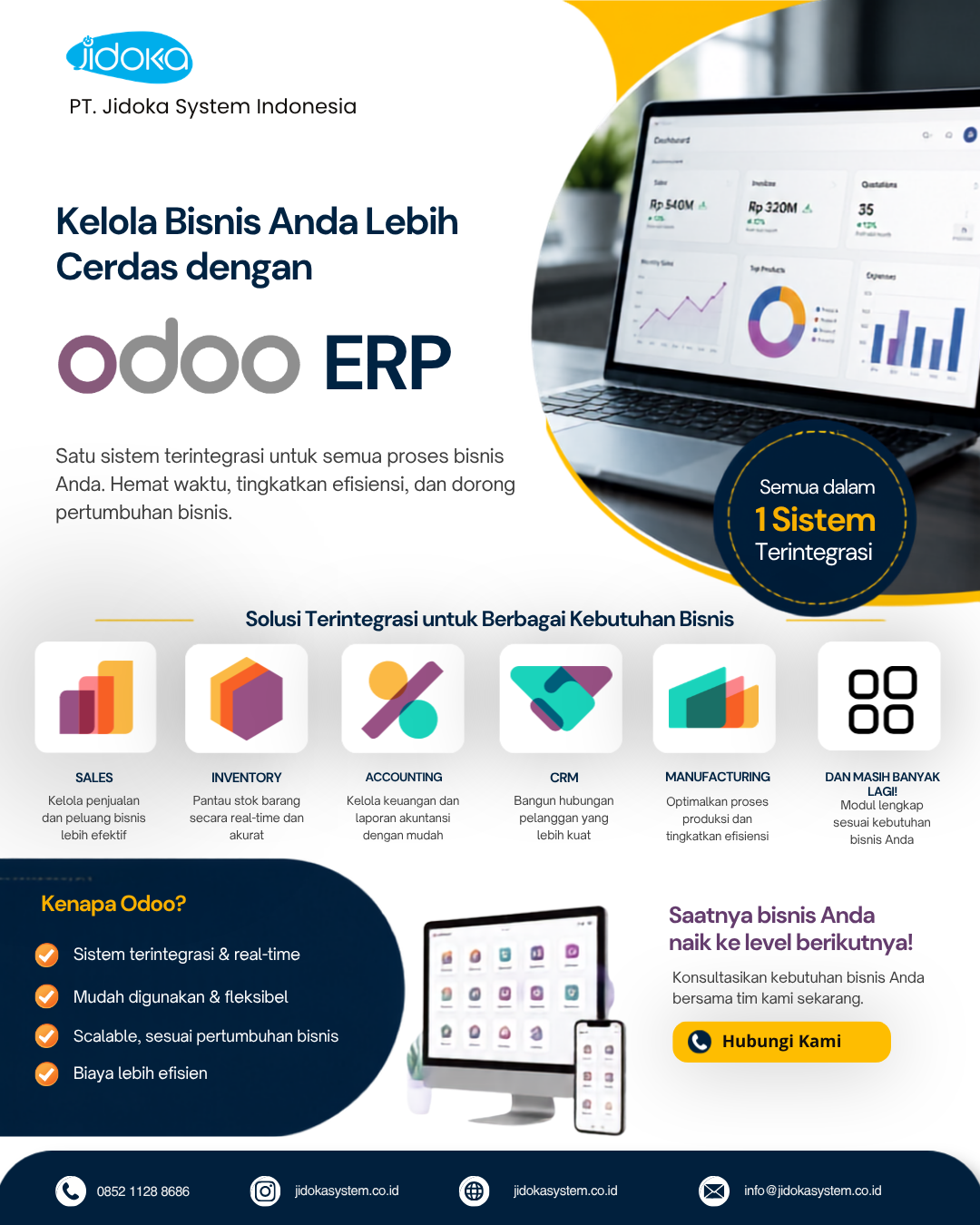 Dashboard Odoo ERP dengan modul Sales, CRM, Accounting, Inventory, Manufacturing, HR, Project, dan POS dalam satu sistem terintegrasi.